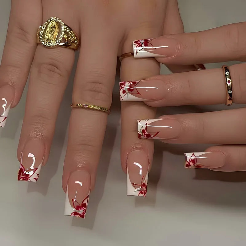 24-Piece Mid-Length Square French Press-On Nails – Leopard Print 3D Flower & Star
