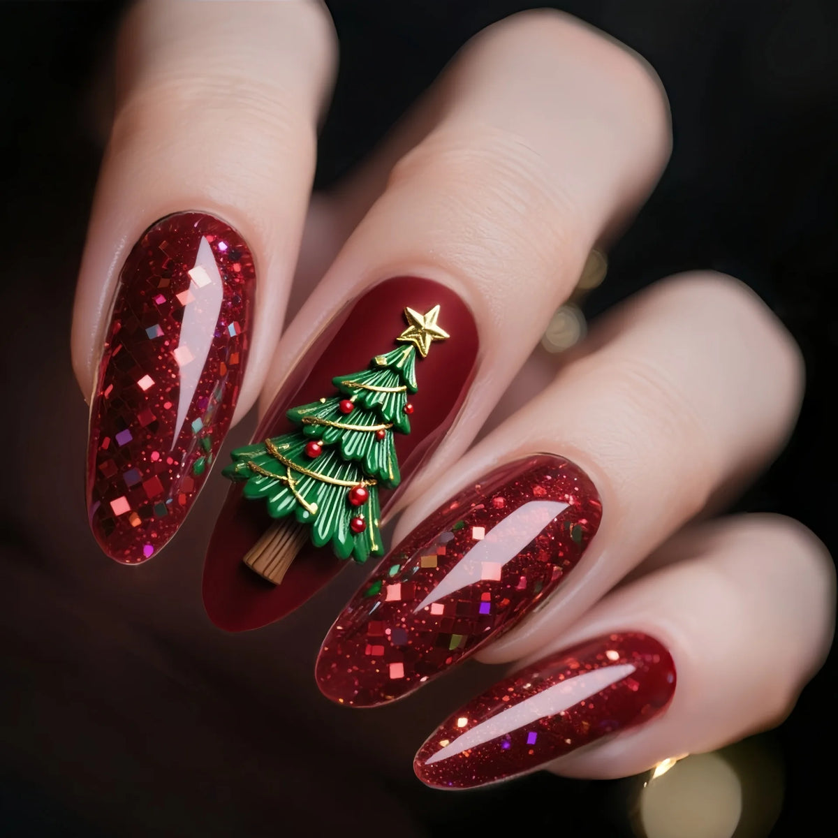 Christmas Theme - Blue Almond Snowflake Press-On Nails — 24-Pieces