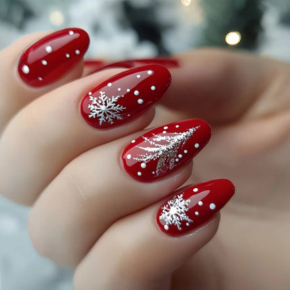 Christmas Theme - Red Glitter Leaf Press-On Nails — 24-Pieces