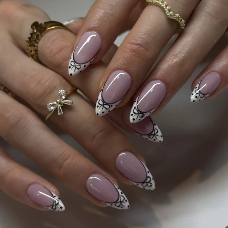 White French Lace Press-On Nails – Bow, Flower & Pearl 24-Piece