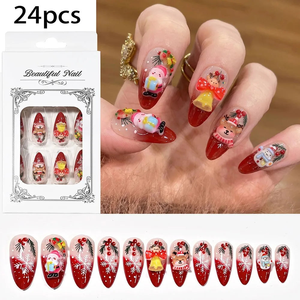 Christmas Theme - Red French Santa Snowman Press-On Nails — 24-Pieces