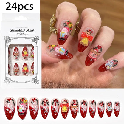 Christmas Theme - Red French Santa Snowman Press-On Nails — 24-Pieces