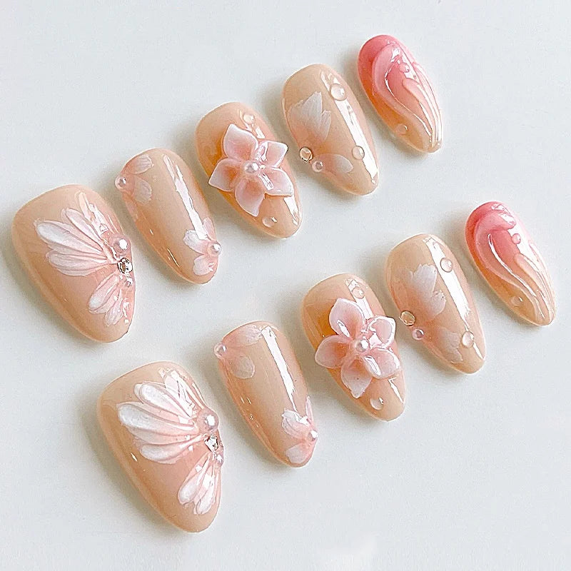 24-Piece Mid-Length Almond Yellow French Press-On Nails – 3D Flower & Pearl