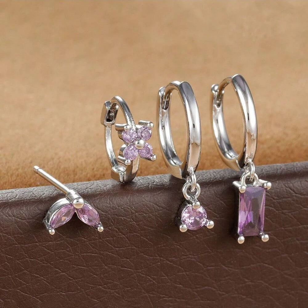 Cubic Zirconia Flower Hoop Earring Studs- 4 Piece