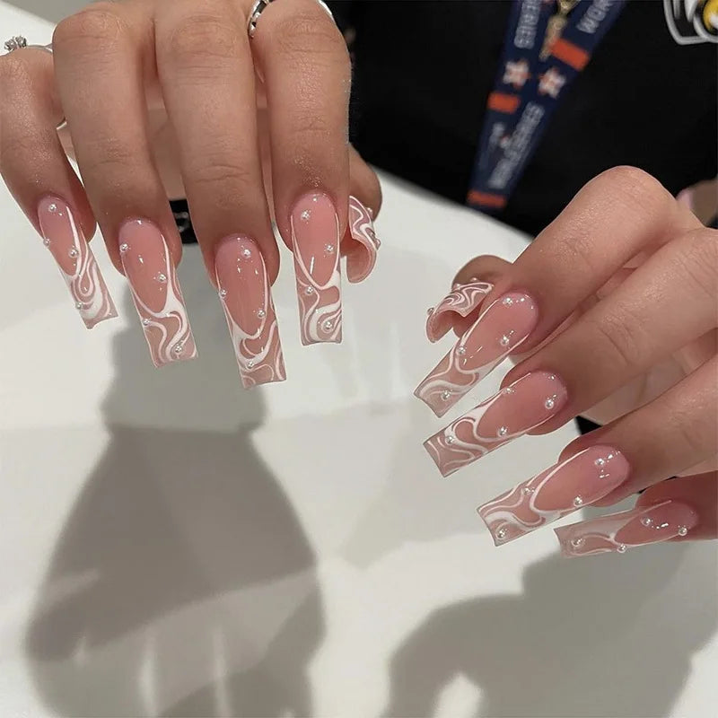 24-Piece Long Square French Press-On Nails – Rhinestone & Pearl Design