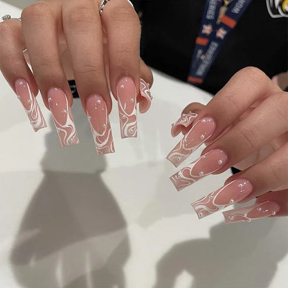 24-Piece Long Square French Press-On Nails – Rhinestone & Pearl Design