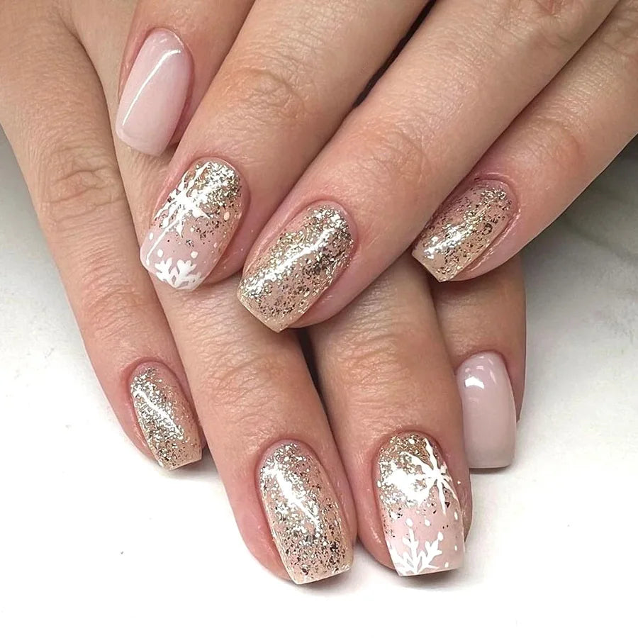 Christmas Theme - Red Glitter Leaf Press-On Nails — 24-Pieces