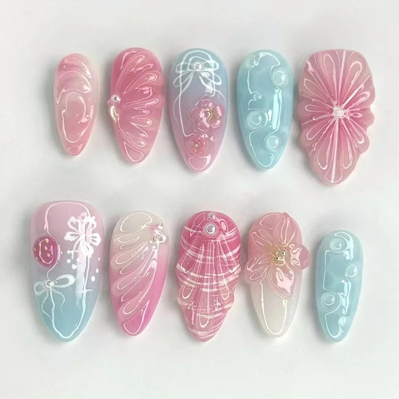 French Almond Beach Theme Press On Nails 24-Piece