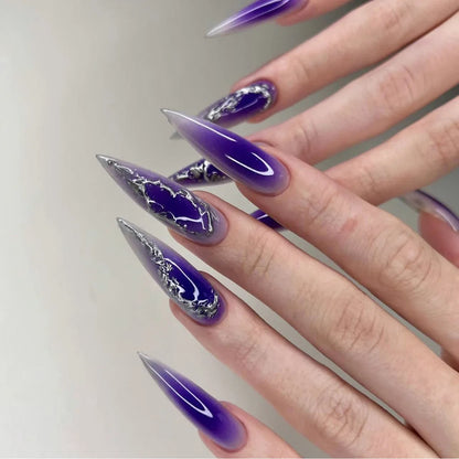 Black Gradient French Stiletto Press-On Nails with Rhinestones 24-Piece