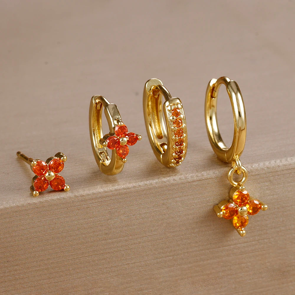 Cubic Zirconia Flower Hoop Earring Studs- 4 Piece