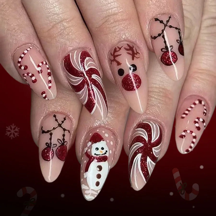 Christmas Theme - White Red Reindeer Bow Press-On Nails — 24-Pieces