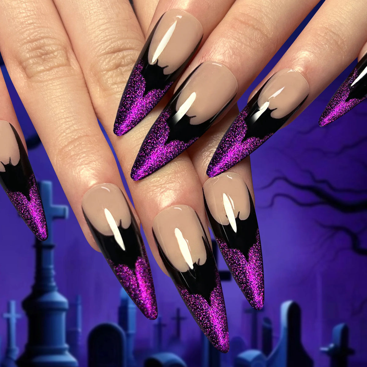 Halloween theme - Long Almond Red Cat’s Eye Press-On Nails – Spider Web Design 24-Piece
