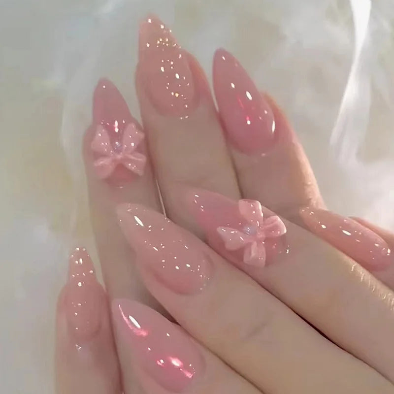 French Almond Press-On Nails-Flower & Star Design-24-Piece