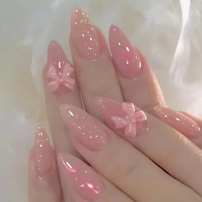 French Almond Press-On Nails-Flower & Star Design-24-Piece