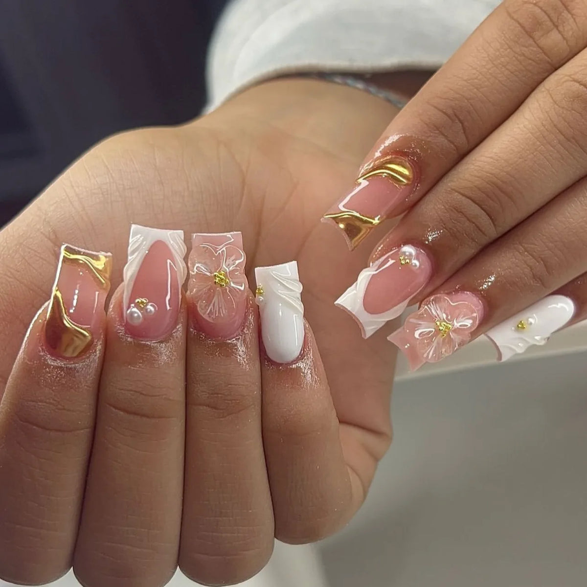 White French 3D Flower Pearl Press-On Square Nails – 24-Piece