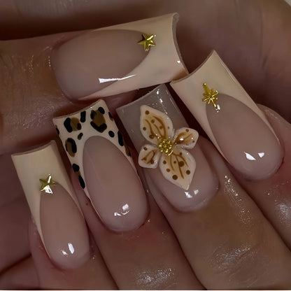 24-Piece Mid-Length Square French Press-On Nails – Leopard Print 3D Flower & Star