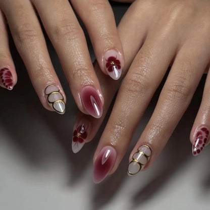 24-Piece Short Almond Pink Smudge Press-On Nails – 3D Flower & Pearl