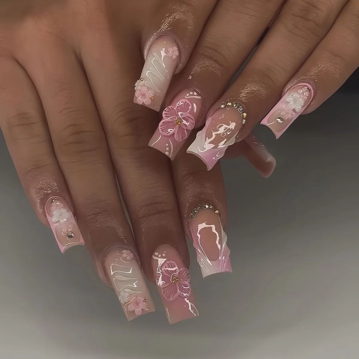24-Piece Mid-Length Square French Press-On Nails – Leopard Print 3D Flower & Star