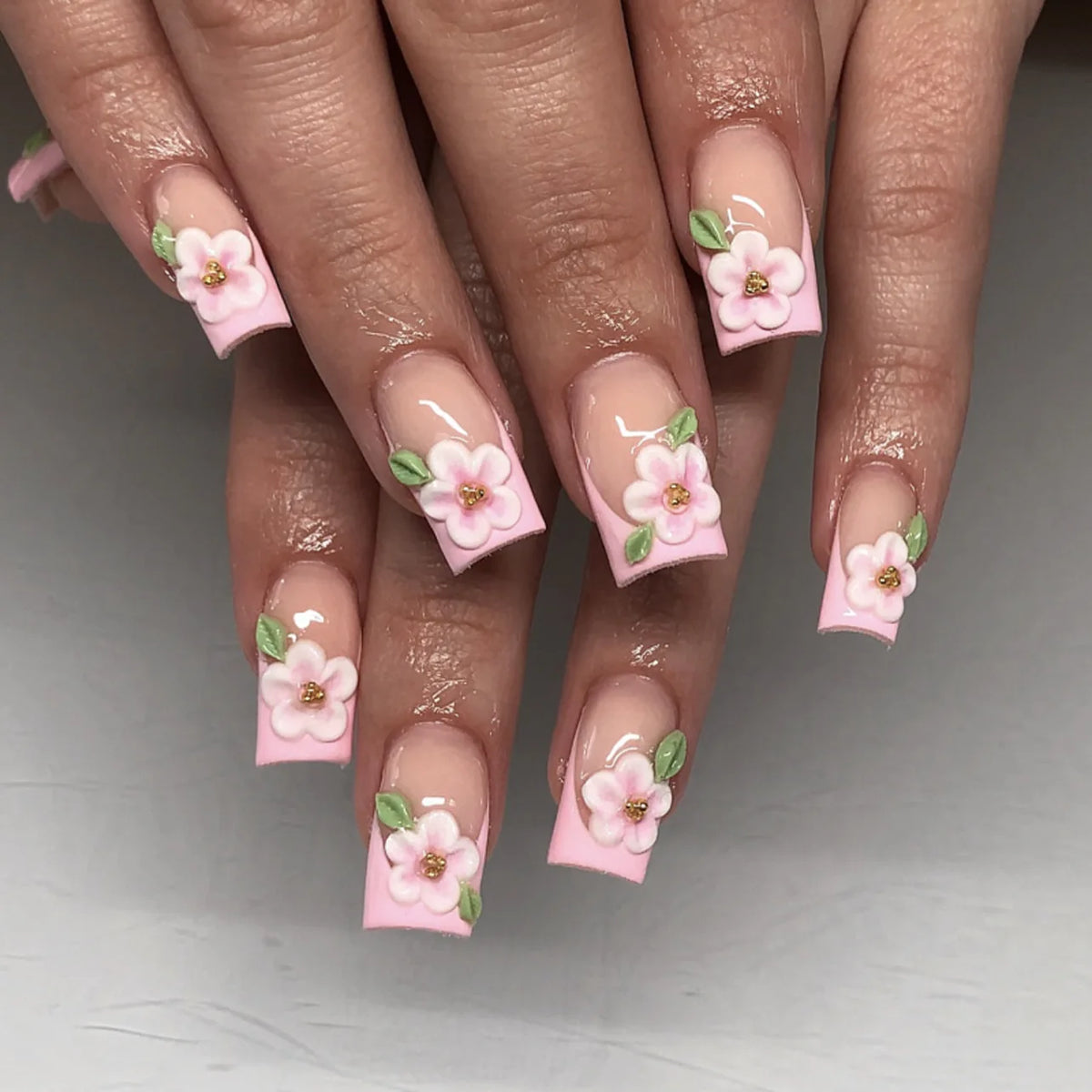 White French 3D Flower Pearl Press-On Square Nails – 24-Piece