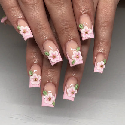White French 3D Flower Pearl Press-On Square Nails – 24-Piece