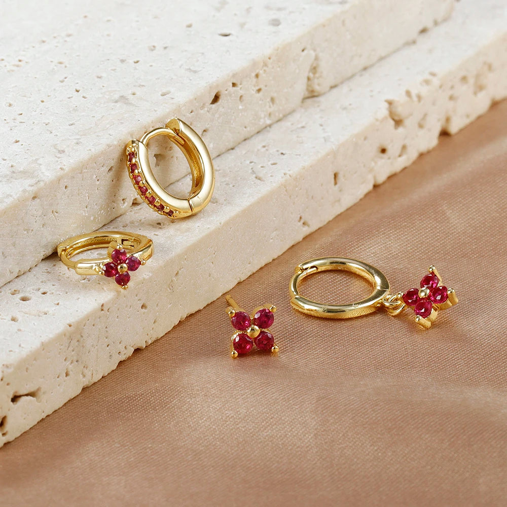 Cubic Zirconia Flower Hoop Earring Studs- 4 Piece
