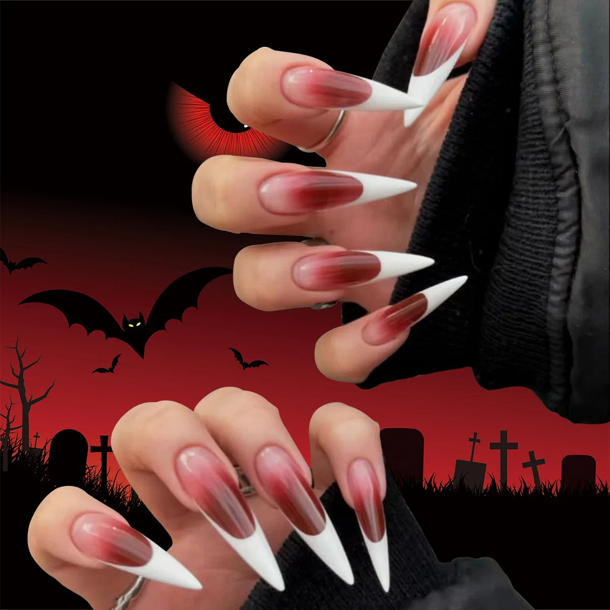 Halloween theme - Long Almond Red Cat’s Eye Press-On Nails – Spider Web Design 24-Piece