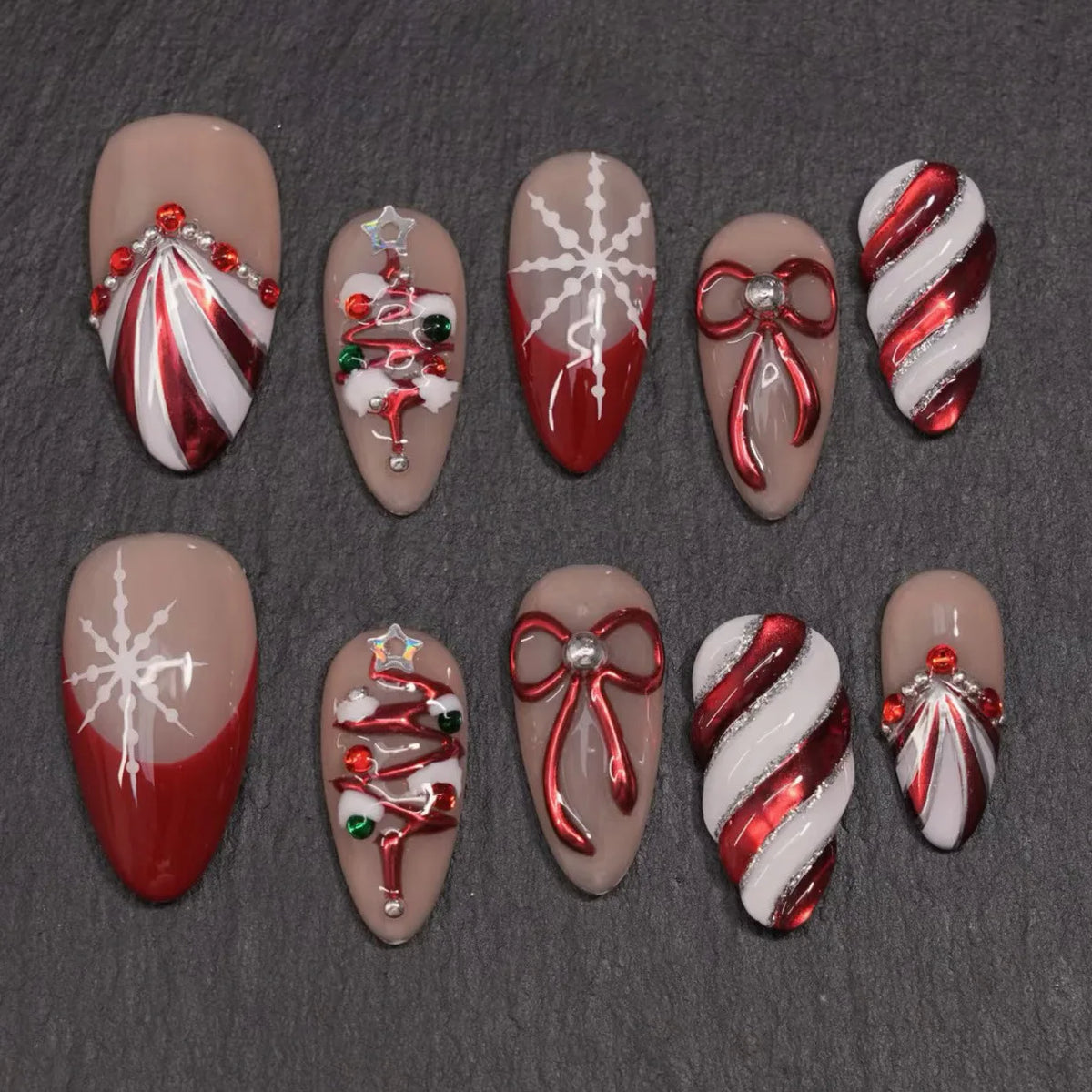 Christmas Theme - Red Glitter Leaf Press-On Nails — 24-Pieces