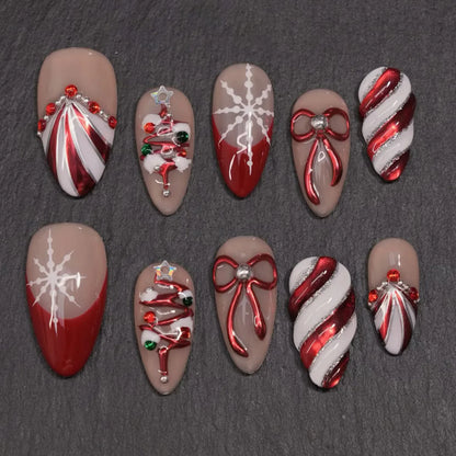 Christmas Theme - Red Glitter Leaf Press-On Nails — 24-Pieces