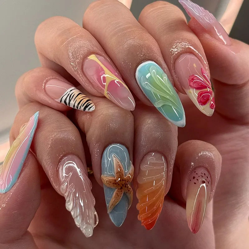 French Almond Beach Theme Press On Nails 24-Piece