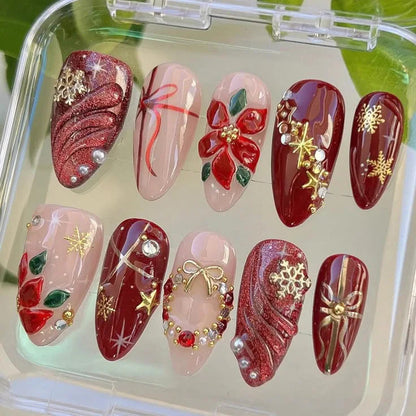 Christmas Theme - Red Glitter Leaf Press-On Nails — 24-Pieces