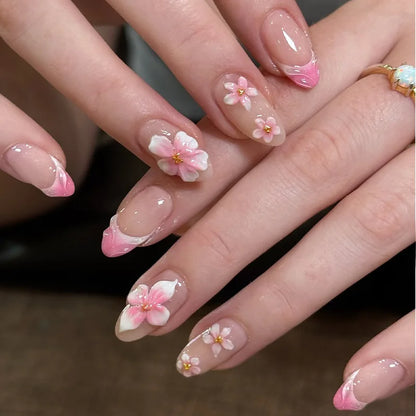 24-Piece Short Almond Pink Smudge Press-On Nails – 3D Flower & Pearl