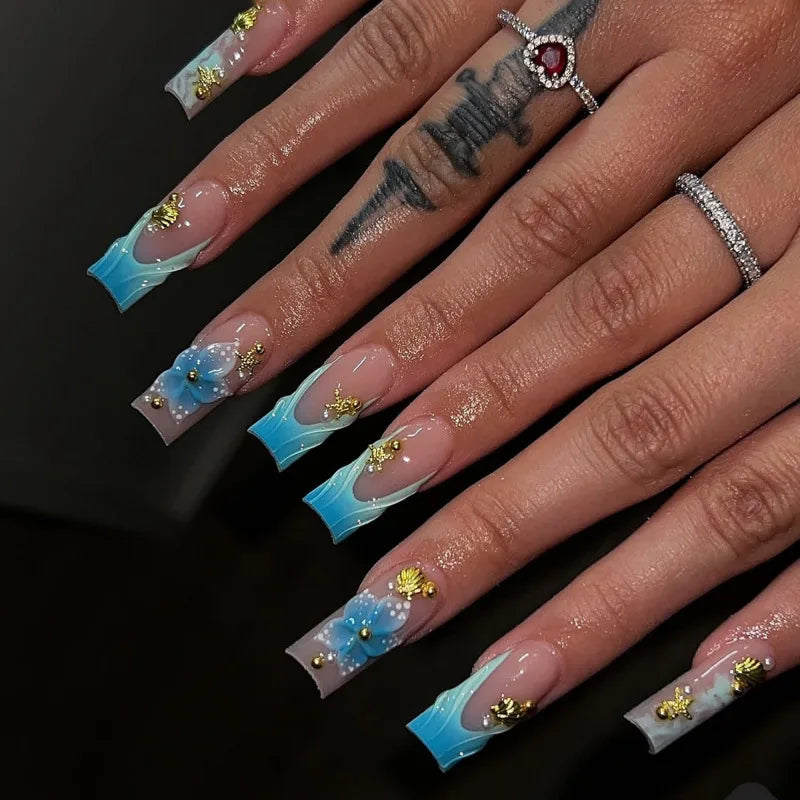 24-Piece Mid-Length Square French Press-On Nails – Leopard Print 3D Flower & Star