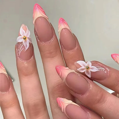 French Almond Press-On Nails-Flower & Star Design-24-Piece