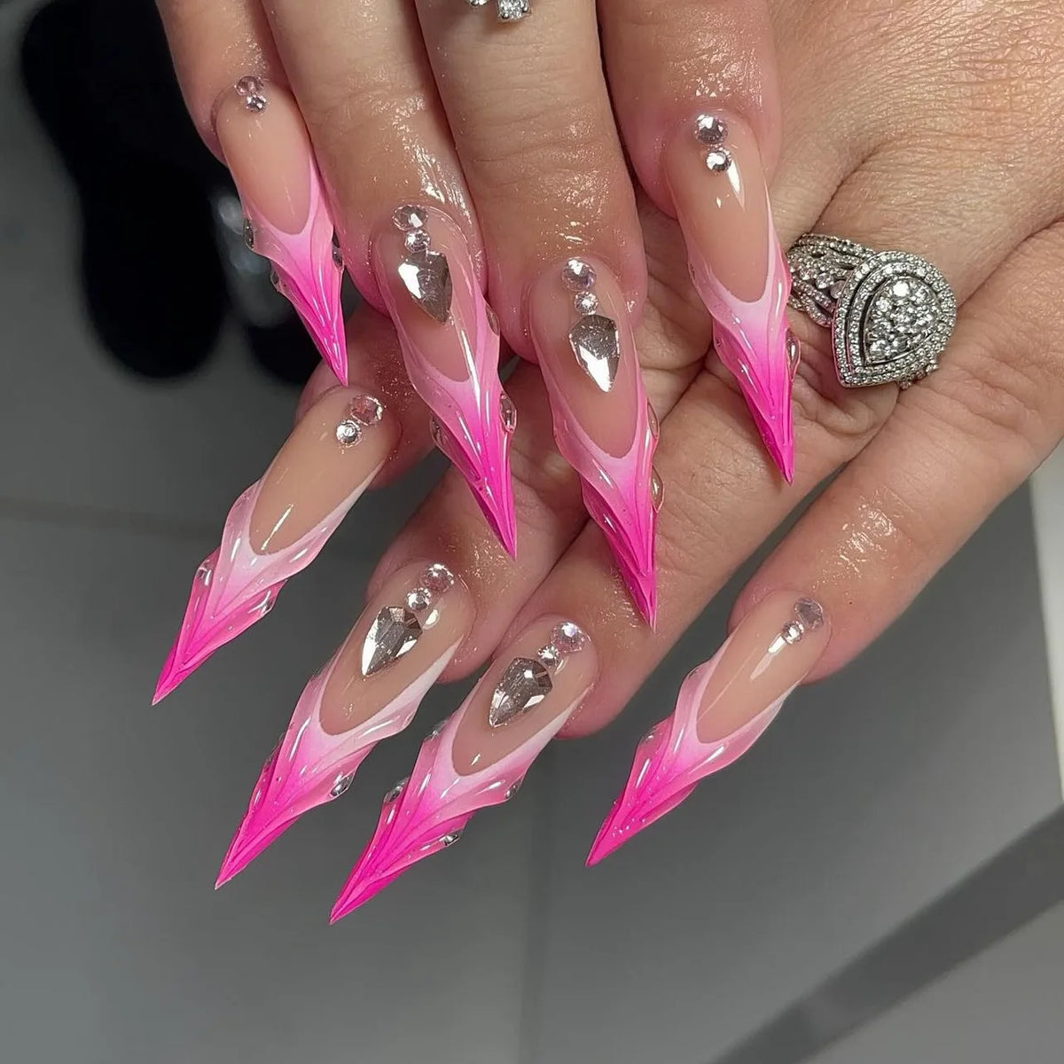 Black Gradient French Stiletto Press-On Nails with Rhinestones 24-Piece