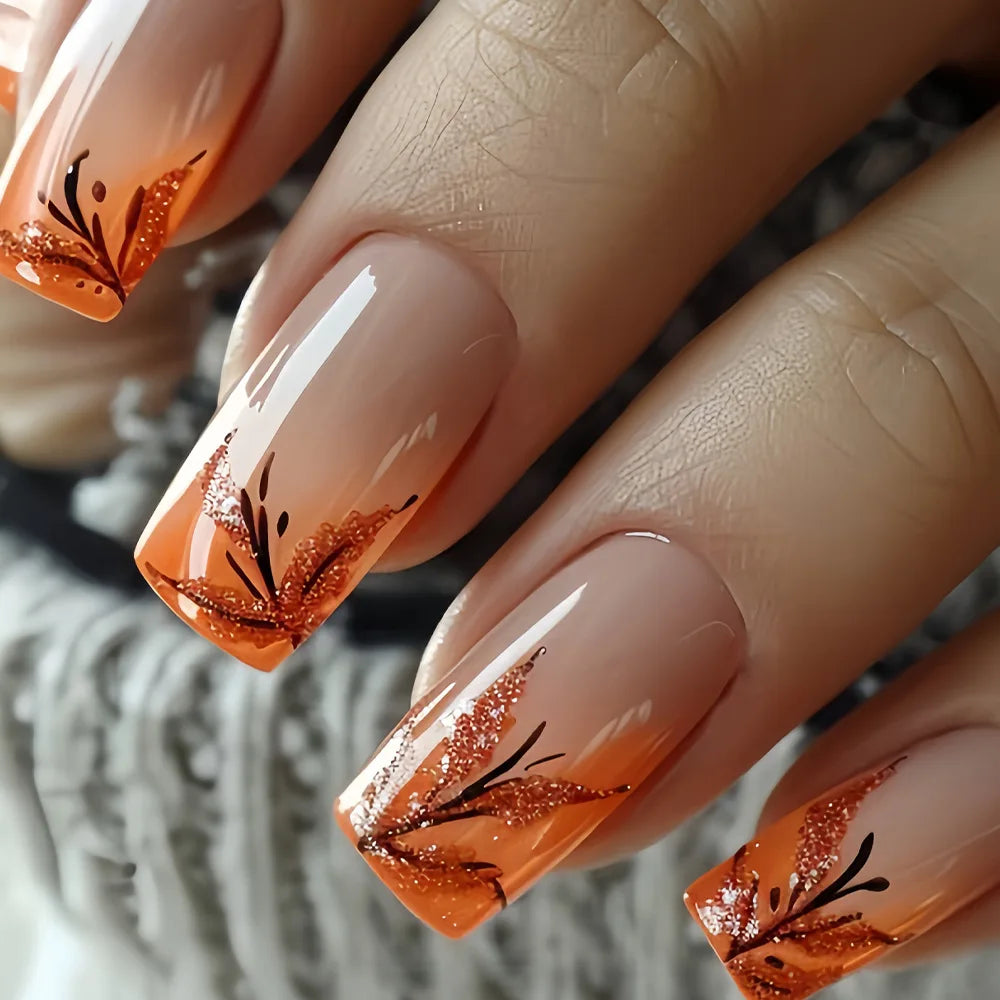 24-Piece Mid-Length Square French Press-On Nails – Autumn theme