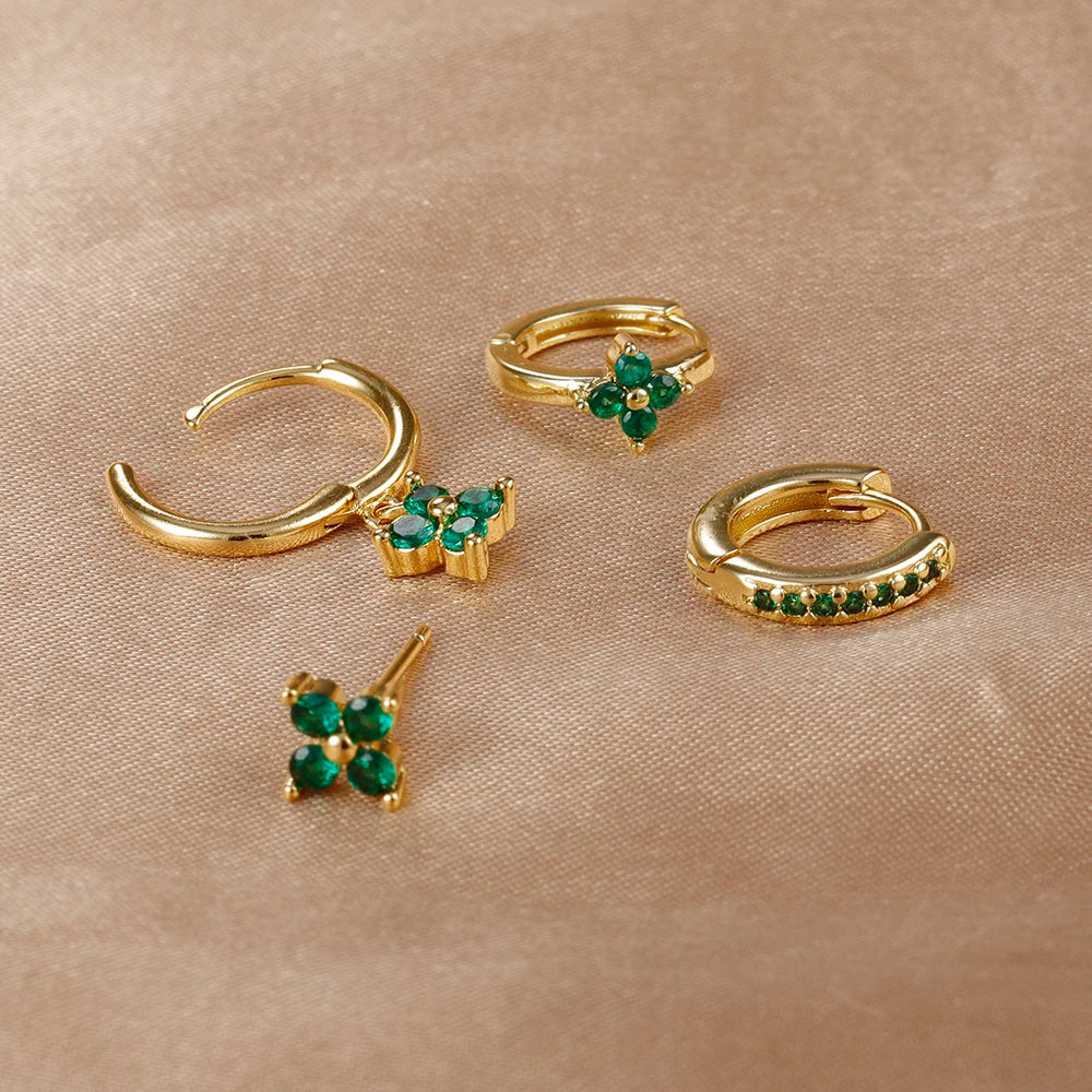 Cubic Zirconia Flower Hoop Earring Studs- 4 Piece