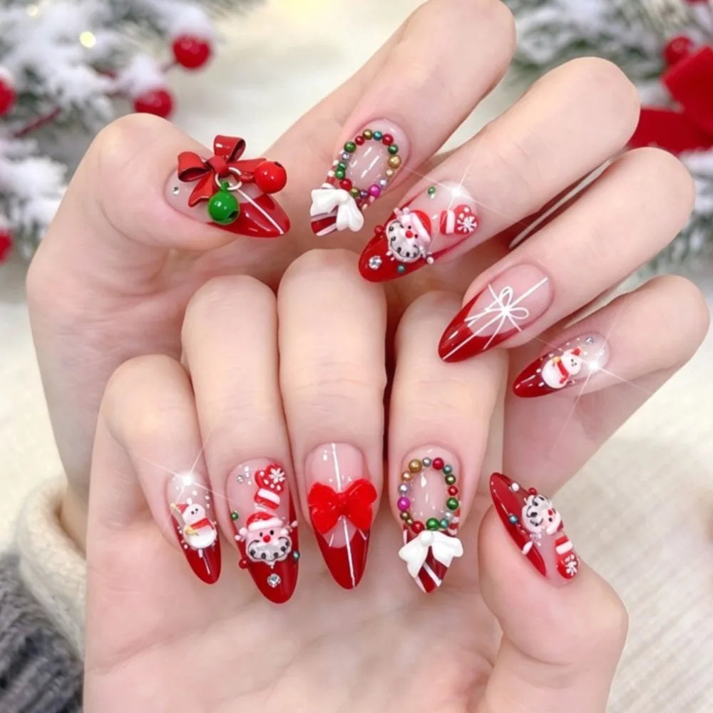 Christmas Theme - Red French Santa Snowman Press-On Nails — 24-Pieces