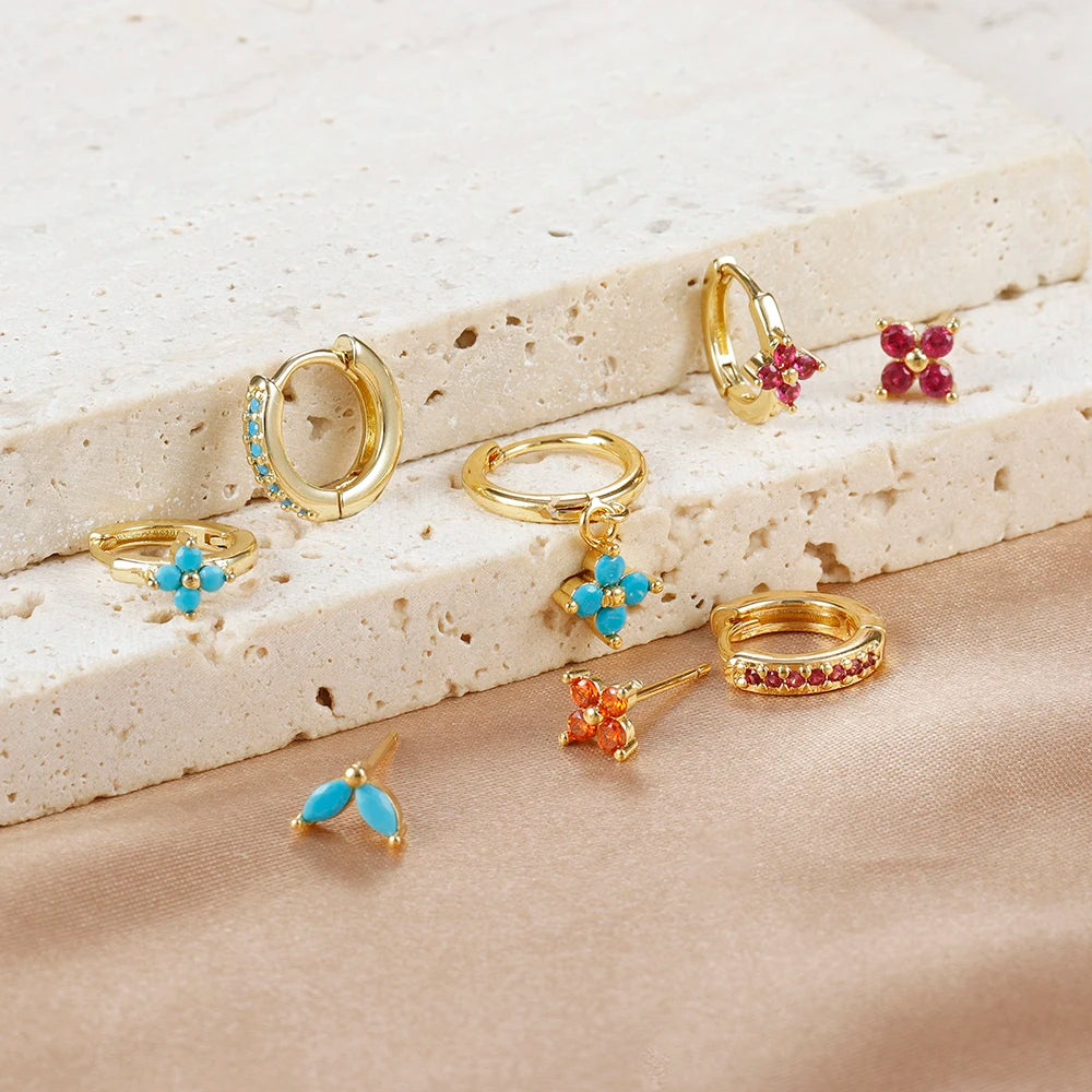 Cubic Zirconia Flower Hoop Earring Studs- 4 Piece