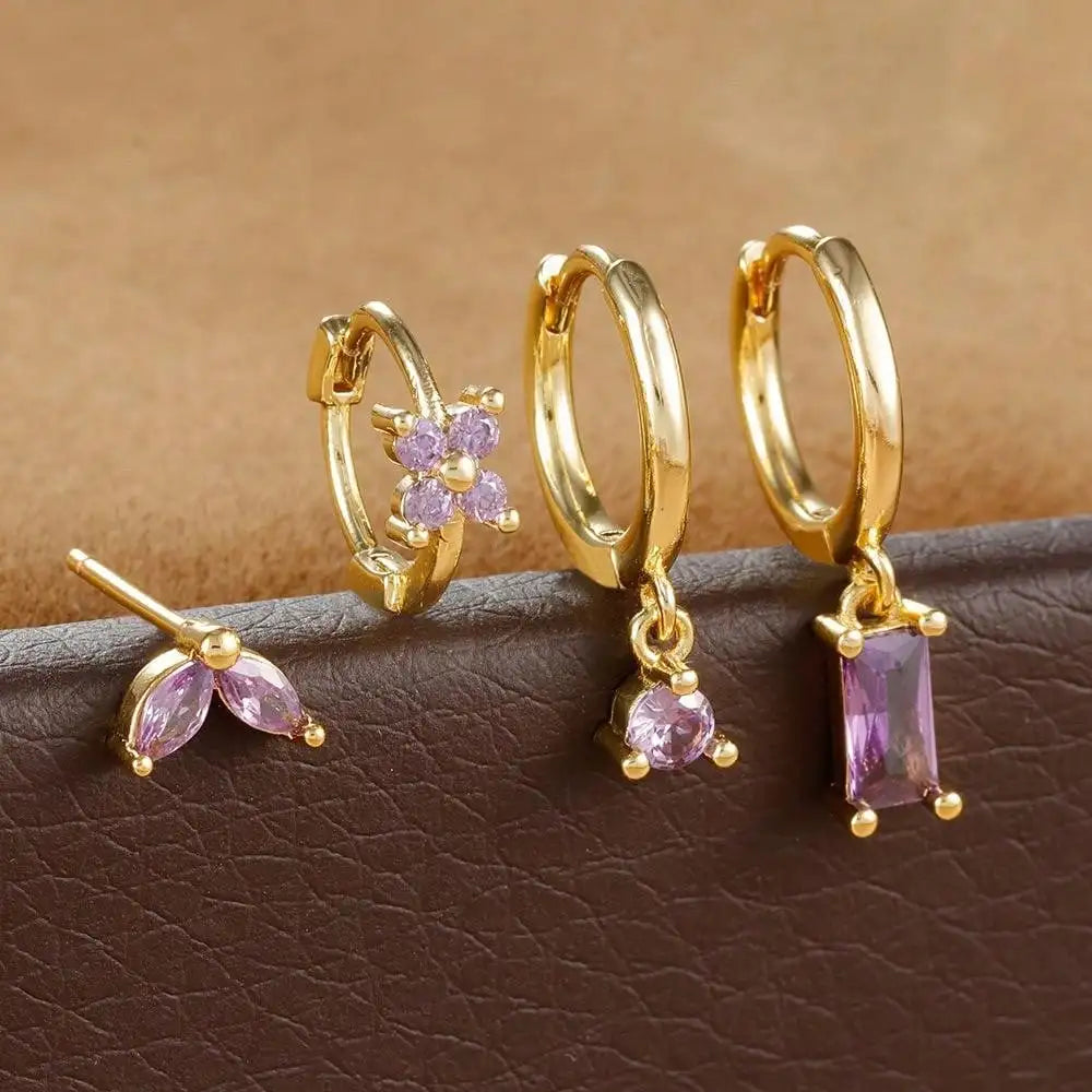 Cubic Zirconia Flower Hoop Earring Studs- 4 Piece