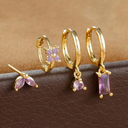 Cubic Zirconia Flower Hoop Earring Studs- 4 Piece