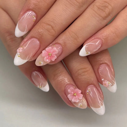24-Piece Mid-Length Almond Yellow French Press-On Nails – 3D Flower & Pearl
