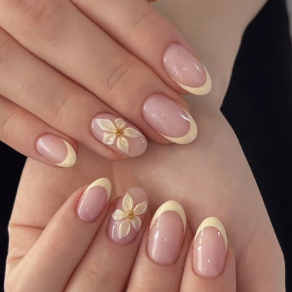 24-Piece Mid-Length Almond Yellow French Press-On Nails – 3D Flower & Pearl