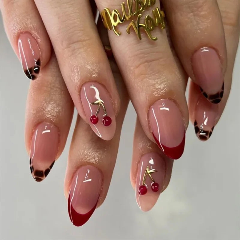 24-Piece Short Almond Pink Smudge Press-On Nails – 3D Flower & Pearl