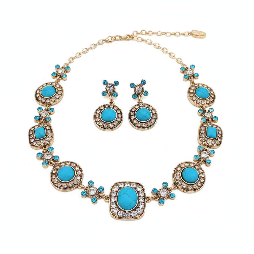 Round Stone Rhinestone Necklace & Earrings