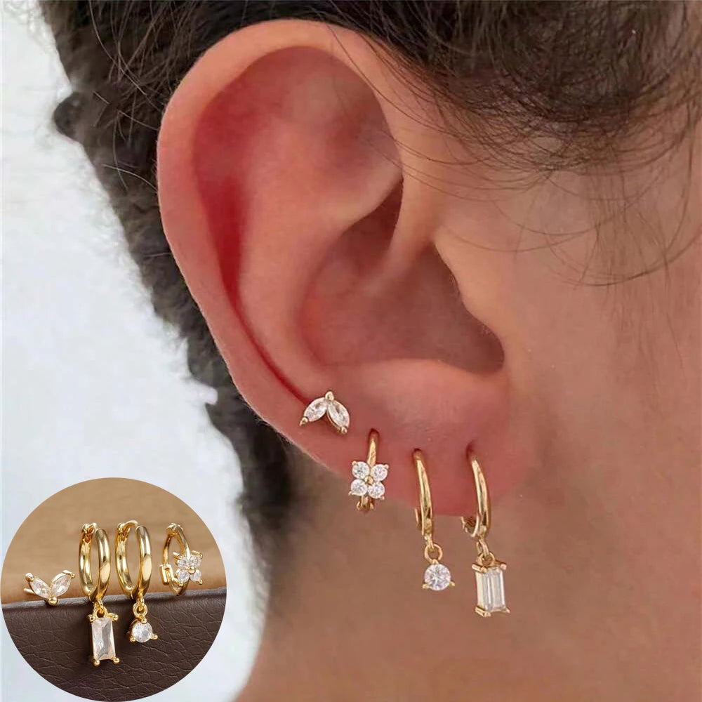 Cubic Zirconia Flower Hoop Earring Studs- 4 Piece