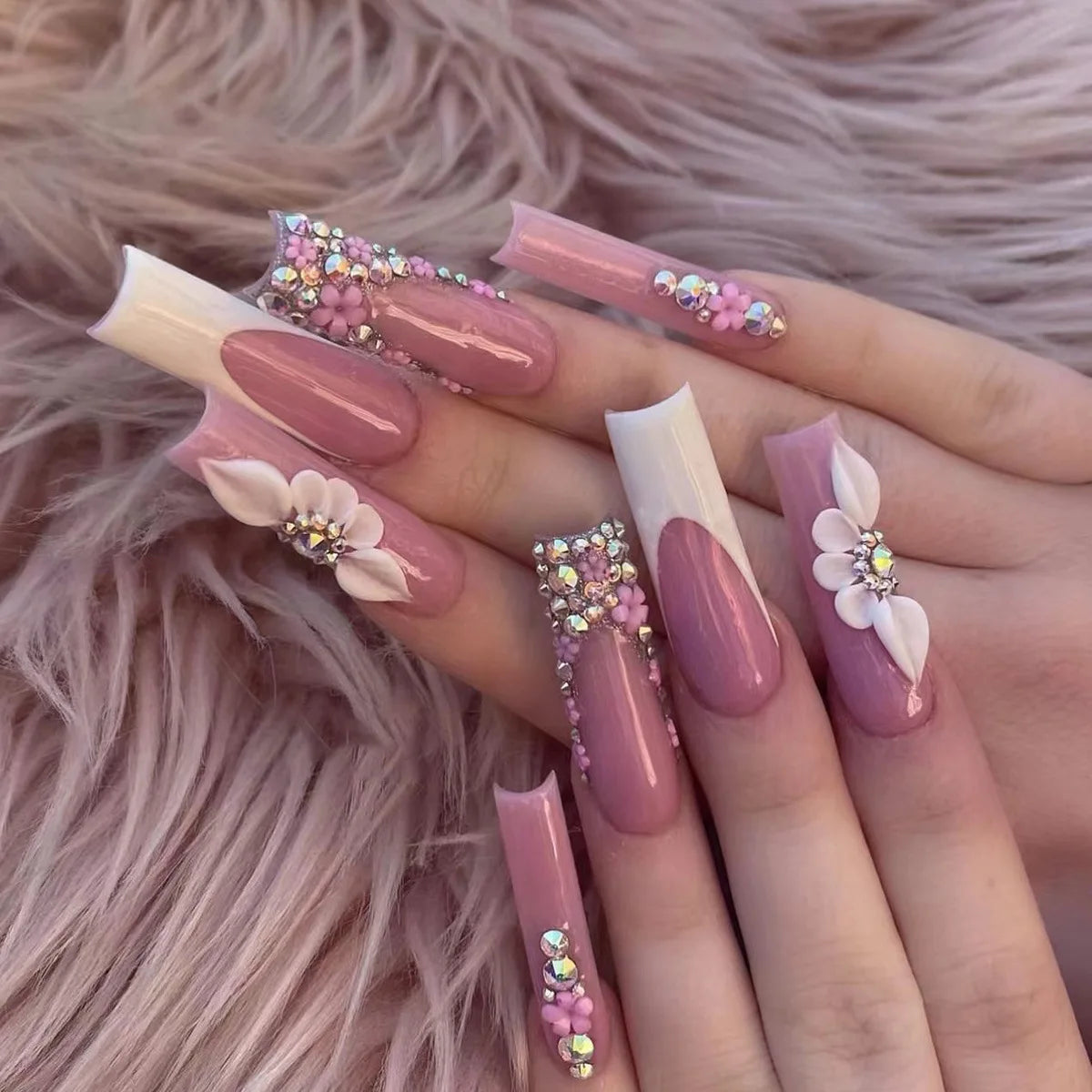 24-Piece Long Square French Press-On Nails – Rhinestone & Pearl Design
