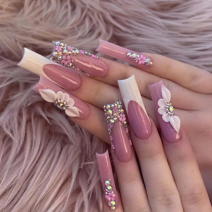 24-Piece Long Square French Press-On Nails – Rhinestone & Pearl Design