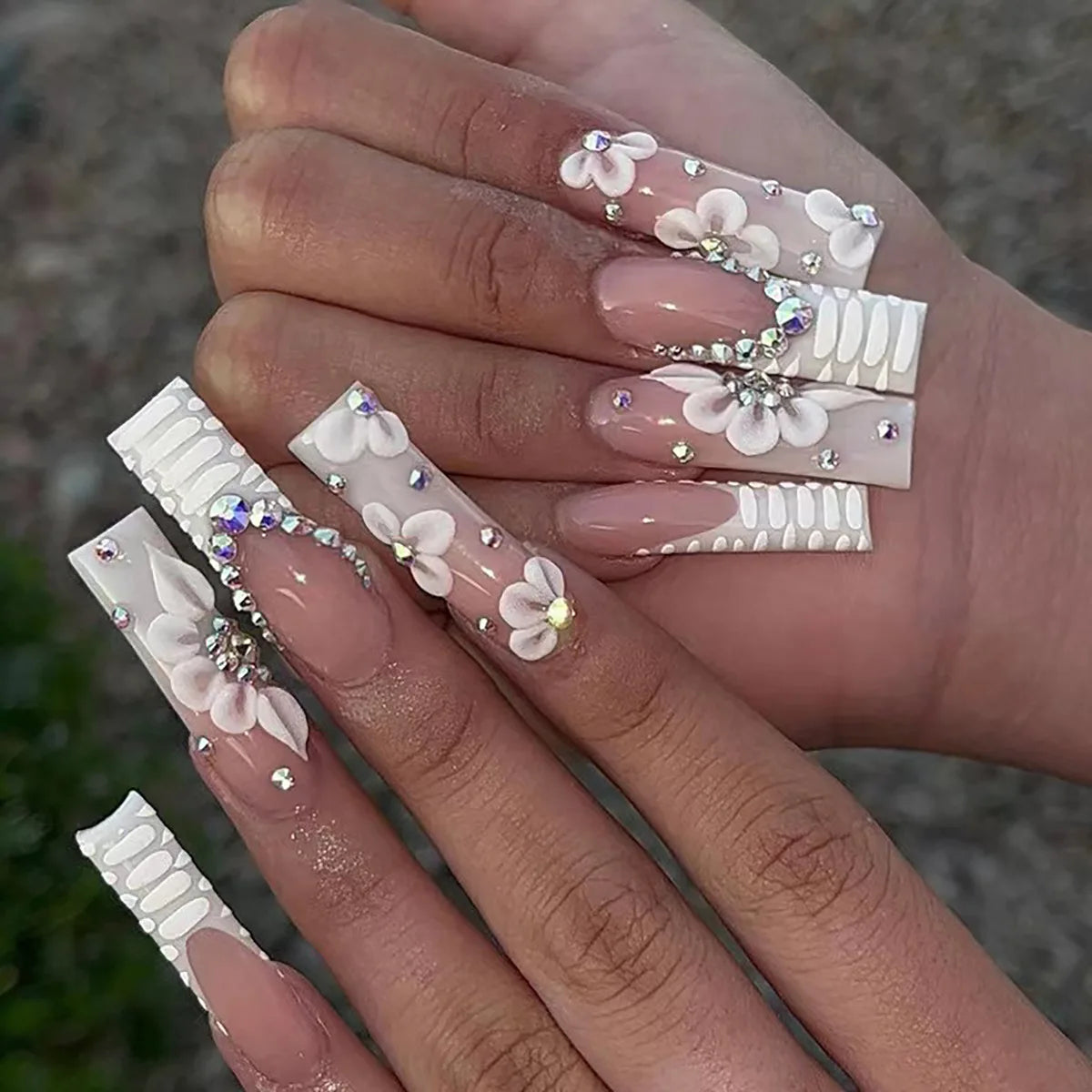 24-Piece Long Square French Press-On Nails – Rhinestone & Pearl Design