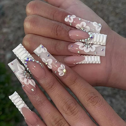 24-Piece Long Square French Press-On Nails – Rhinestone & Pearl Design