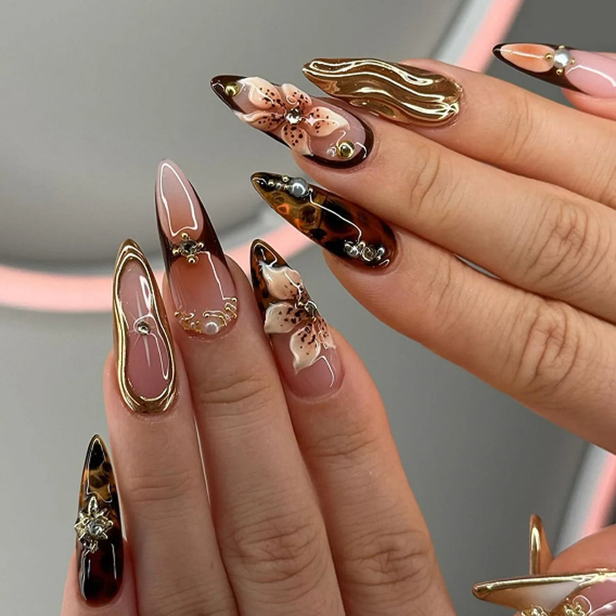 Long French Stiletto Press-On Nails – Wine Red Smudge 3D Flower 24-Piece